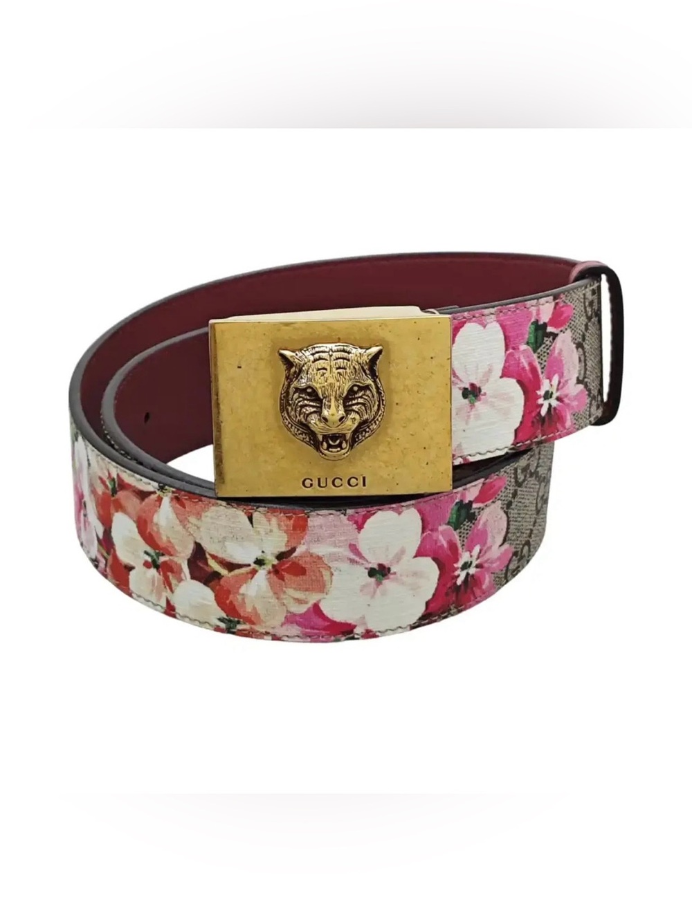 Gucci Floral Canvas Belt with Gold Tiger Buckle - Pink White Brown